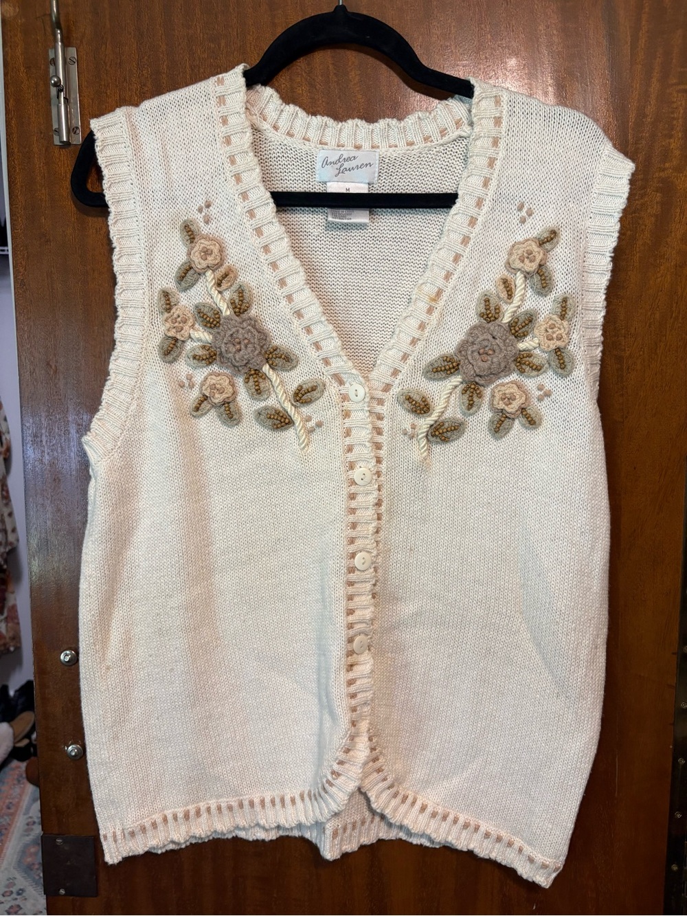 Andrea Lauren Cream Floral Embroidered V-Neck Sweater Vest